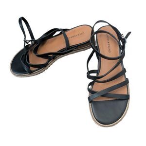 Lucky Brand Nemelli Black Leather Espadrille Sandals Gladiator Strappy Wedge